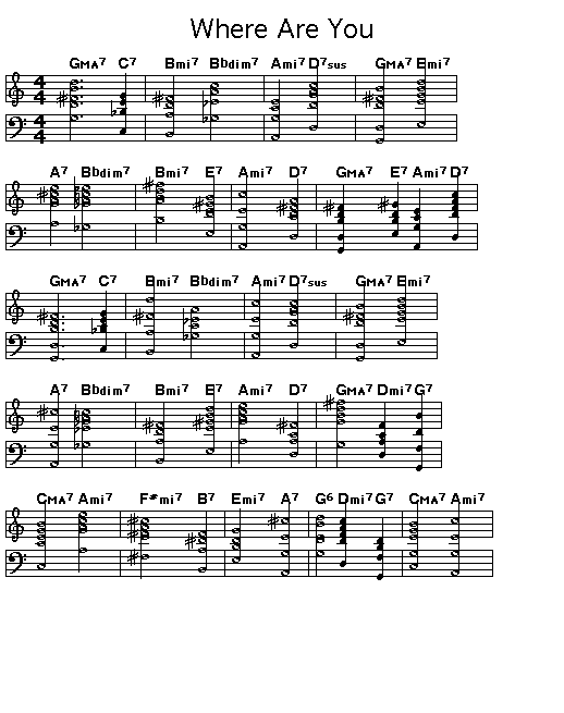 Where Are You, p1: Page 1 of the score for the chord changes of Jimmy McHugh's "Where Are You".