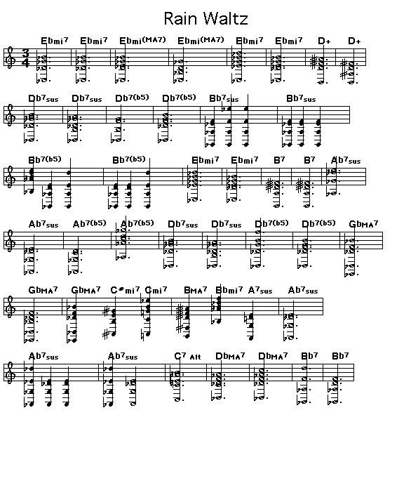 Rain Waltz, p1: Page 1 of the score for the chord changes of Fred Hersch's "Rain Waltz".
