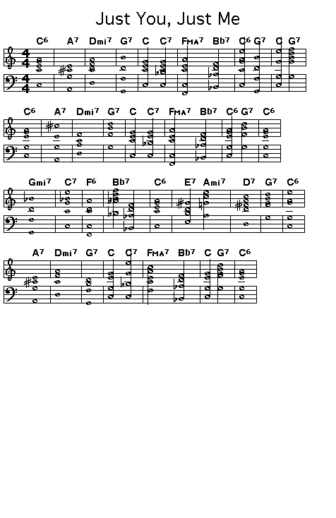 Just You, Just Me, p1: GIF image of the chord changes of&nbsp; Jesse Greer's "Just You, Just Me".