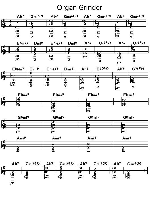 Organ Grinder, p1: Printable GIF image of the score of the chord progression for Woody Shaw's "Organ Grinder".