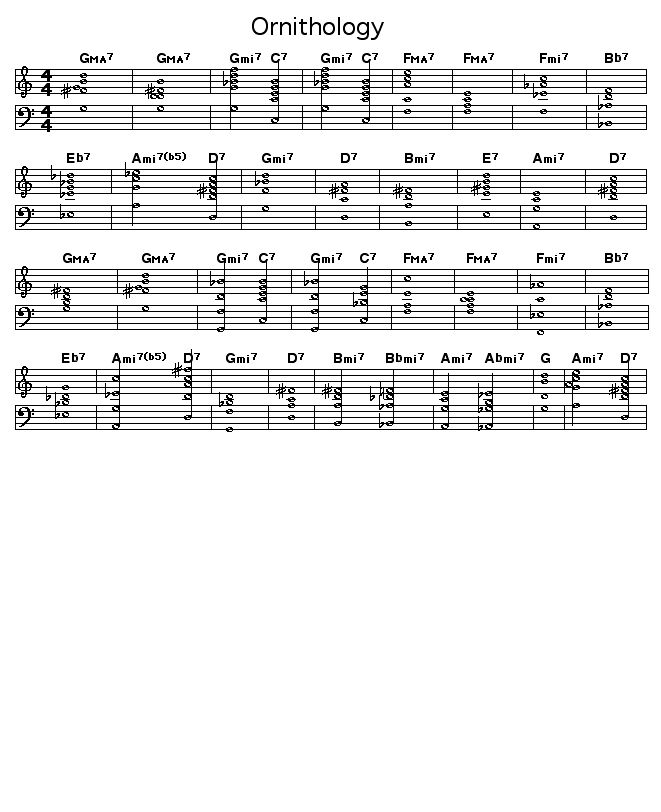 Ornithology, p1: <P>Printable GIF image of the score of the chord progression for Charlie Parker's "Ornithology".</P>  <P>&nbsp;Parker took these changes from the popular tune "How High The Moon".</P>