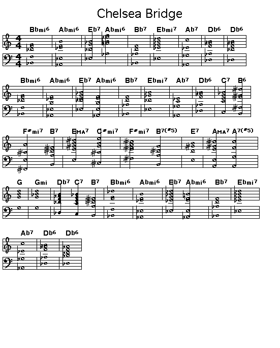 Chelsea Bridge, p1: GIF image of the score of the chord progression of Billy Strayhorn's "Chelsea Bridge".